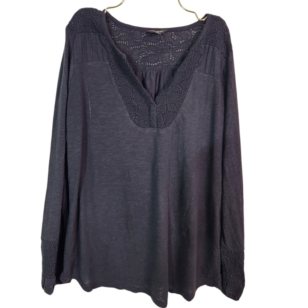 Lucky Brand 7W61927 Charcoal Gray Long Sleeve Lace Panel Henley Top Blouse L